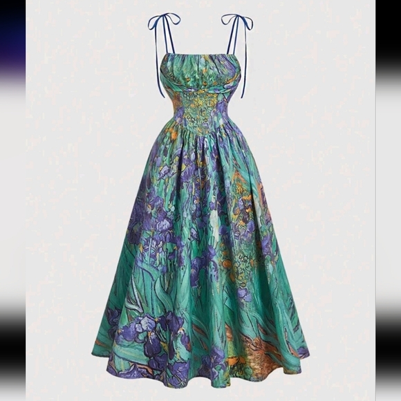 Dresses & Skirts - Women's Spaghetti Strap Tie Waist Floral Print Casual Mini Dress,Van Gogh